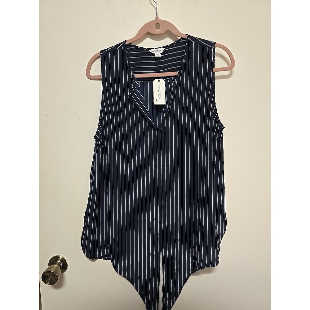 NEW NAUTICA Knit Front TYE Shirt BLOUSE Womens L Blue Stripe